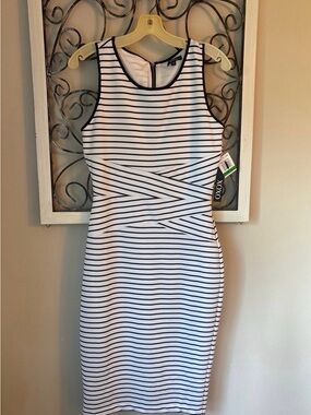 XOXO Black and White Striped Midi Sheath Dress